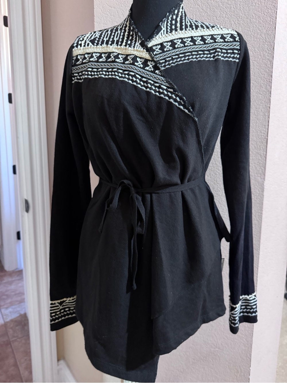 Lucky Brand Black Wrap-Front Women's Jacket with Contrast Embroidered Yoke